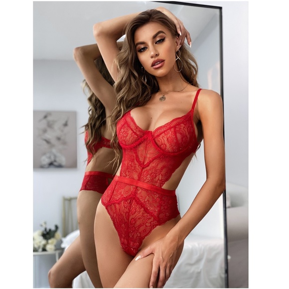 Red Lace Cut Out Teddy - Picture 4 of 16